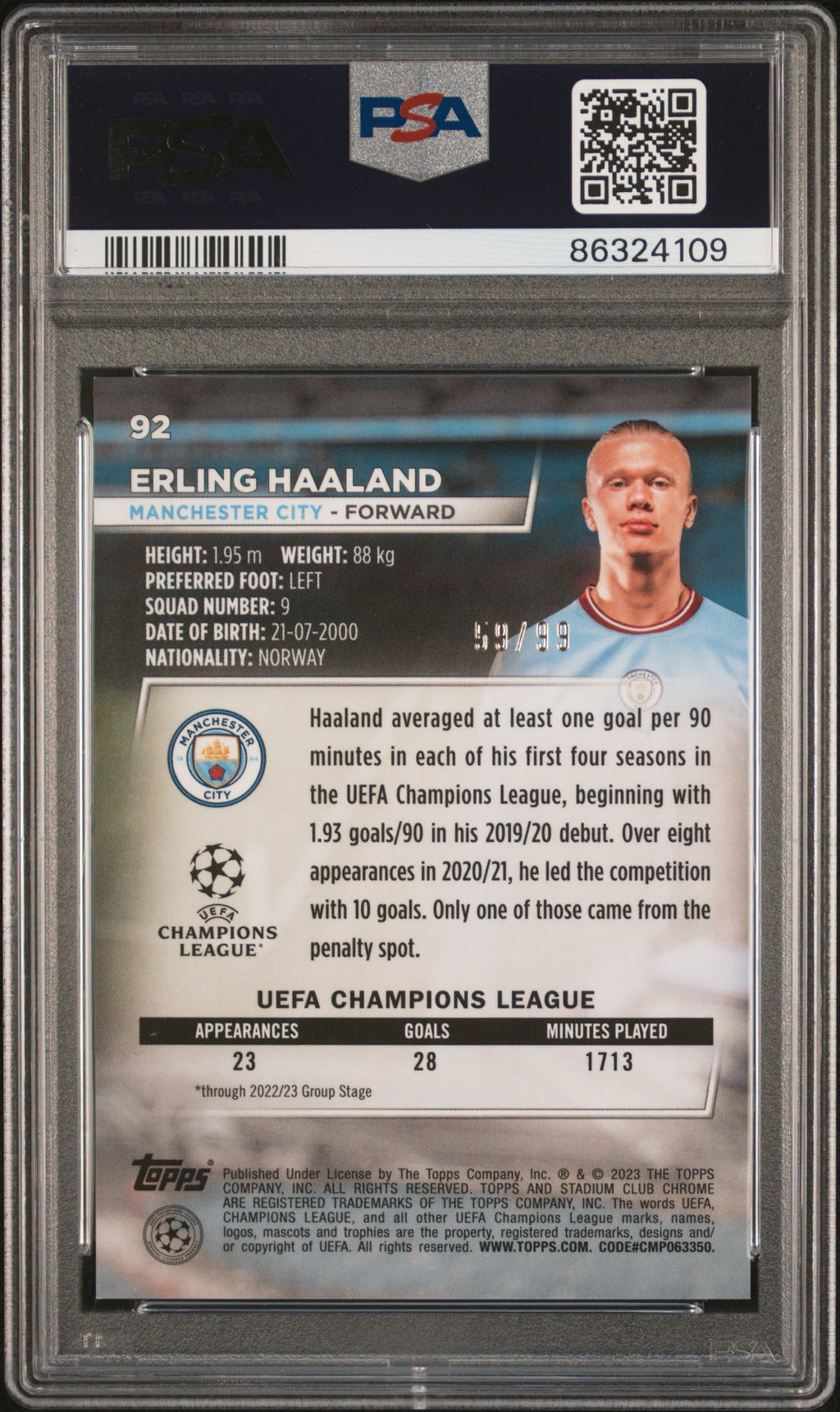2022-23 TOPPS STADIUM CLUB CHROME UEFA CLUB COMPETITIONS 92 ERLING HAALAND GREEN REFRACTOR /99