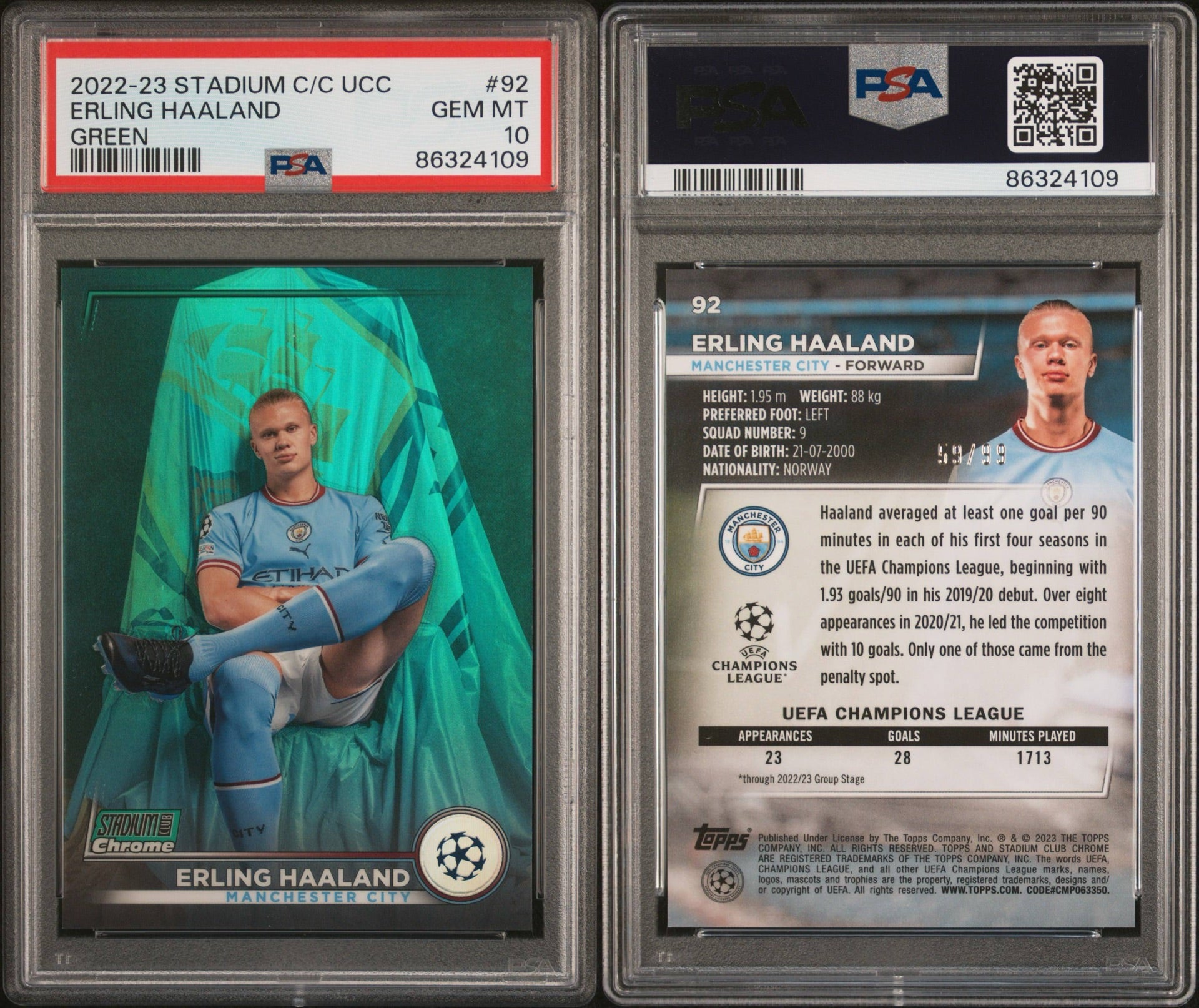 2022-23 TOPPS STADIUM CLUB CHROME UEFA CLUB COMPETITIONS 92 ERLING HAALAND GREEN REFRACTOR /99